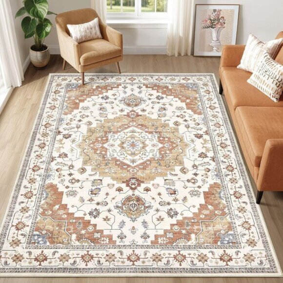 New 5x7 Vintage Floral Area Rug, Washable Soft Farmhouse Carpet in Yellow & Red